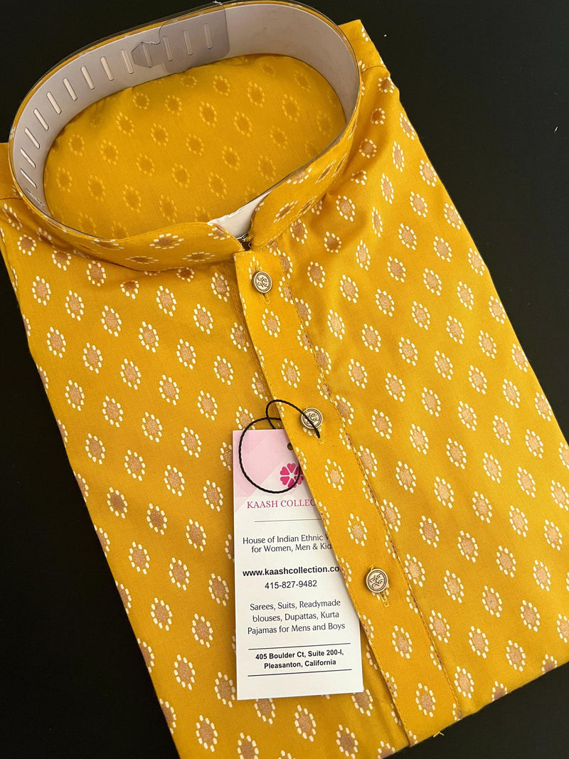 Turmeric Color Premium Pure Cotton Mens Kurta Pajama Set with Gold Buttis - Kurta for Haldi Ceremony - Kurta for Puja - Yellow Color Kurta - Kaash