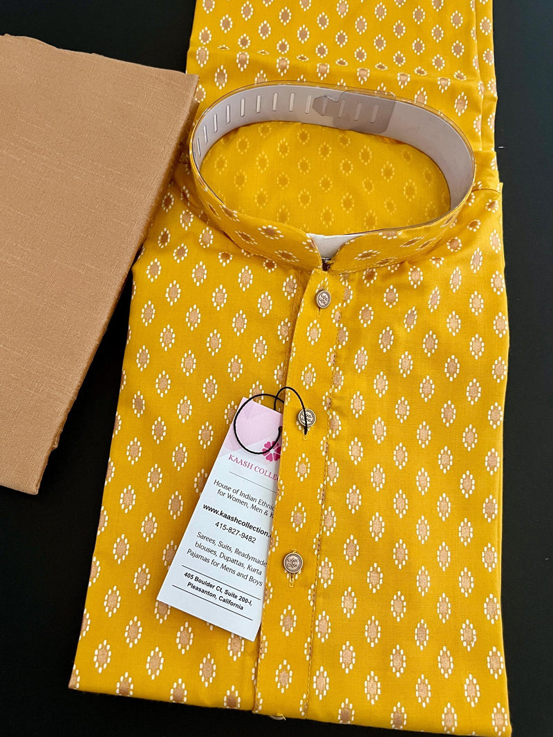 Turmeric Color Premium Pure Cotton Mens Kurta Pajama Set with Gold Buttis - Kurta for Haldi Ceremony - Kurta for Puja - Yellow Color Kurta - Kaash