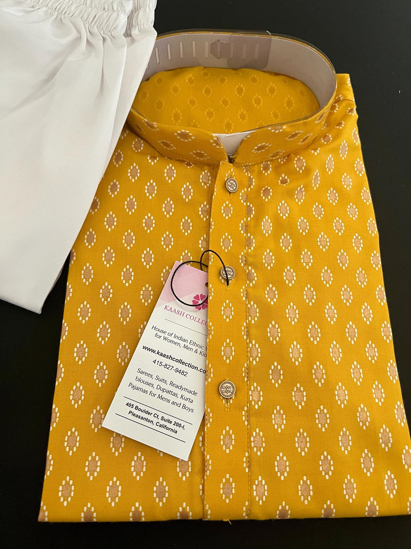 Turmeric Color Premium Pure Cotton Mens Kurta Pajama Set with Gold Buttis - Kurta for Haldi Ceremony - Kurta for Puja - Yellow Color Kurta - Kaash