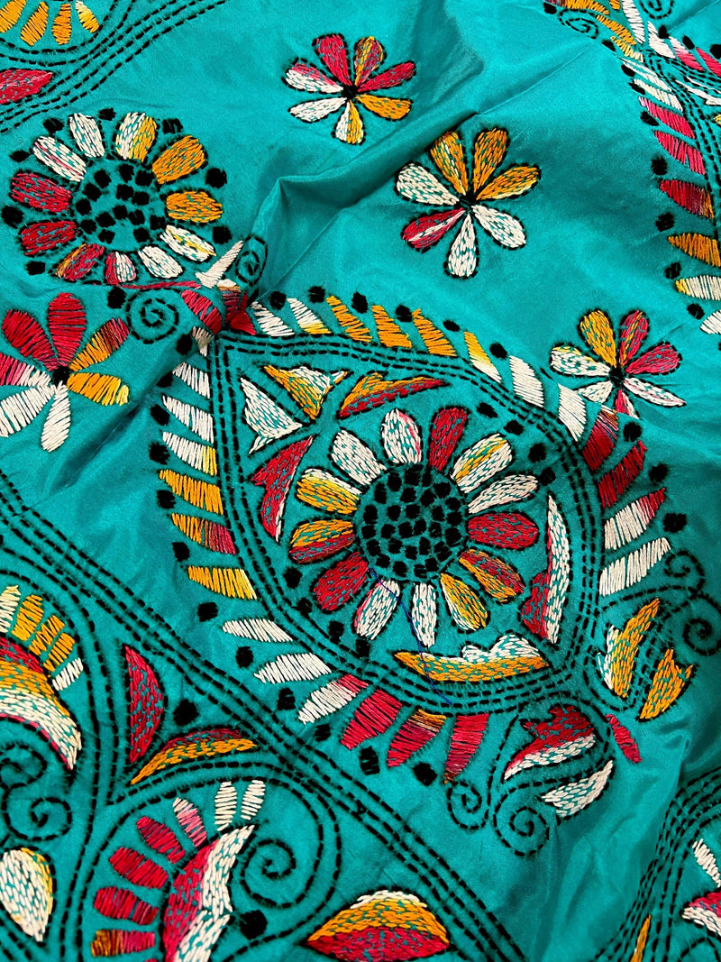 Turquoise Color Bangalori Silk Saree with Hand Kantha Stitch | Handwoven Kantha Stitch Sarees | Kantha Saress | Silk Sarees - Kaash