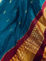 Venkatagiri Teal Blue with Deep Maroon Color Cotton Silk Handloom Saree | Venkatagiri Saree | Cotton Silk Sarees - Kaash