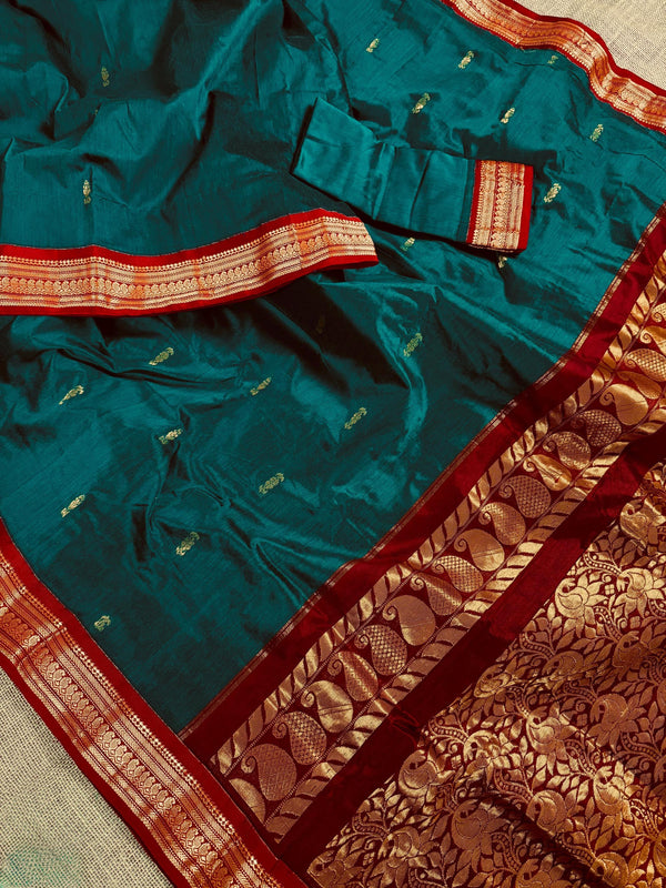 Venkatagiri Teal with Deep Maroon Color Cotton Silk Handloom Saree | Venkatagiri Saree | Cotton Silk Sarees - Kaash