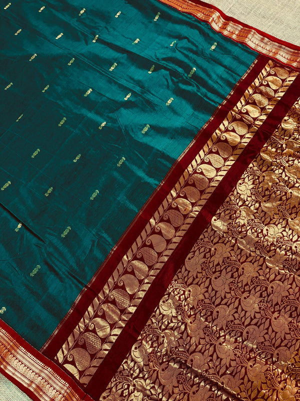 Venkatagiri Teal with Deep Maroon Color Cotton Silk Handloom Saree | Venkatagiri Saree | Cotton Silk Sarees - Kaash