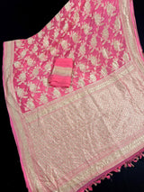 Watermelon Pink pure khaddi georgette banarasi silk saree with muted gold zari floral jaal — Kaash Collection