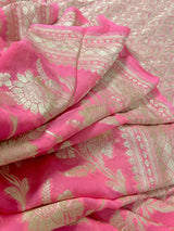Watermelon Pink pure khaddi georgette banarasi silk saree with muted gold zari floral jaal — Kaash Collection