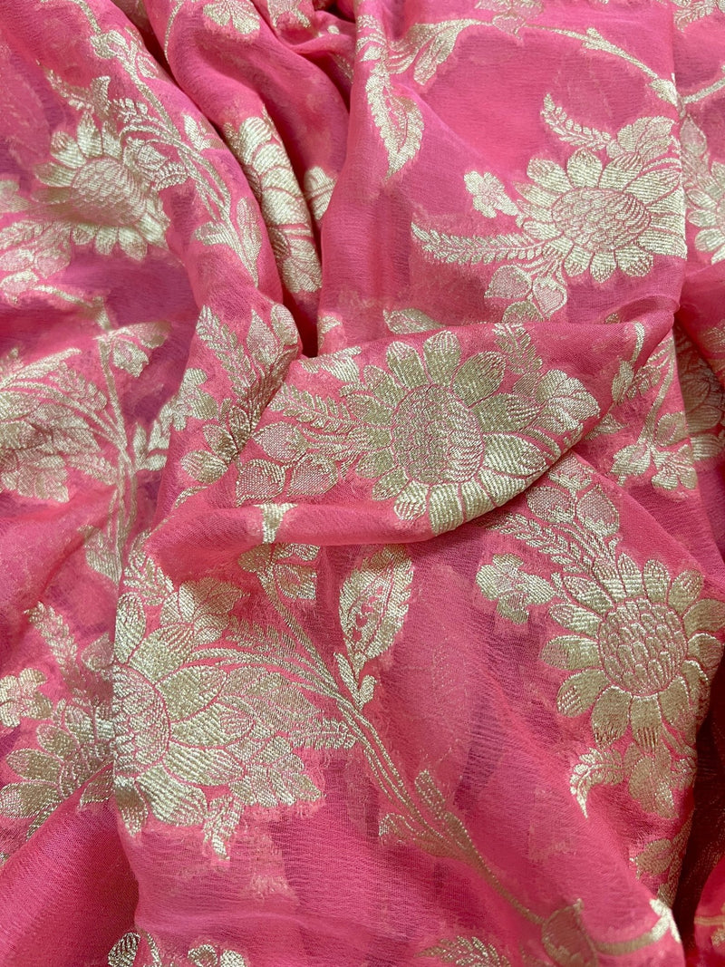 Watermelon Pink pure khaddi georgette banarasi silk saree with muted gold zari floral jaal — Kaash Collection