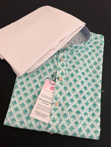 White with Green Sequin men's kurta pajama in premium georgette with green sequin & chikankari on white — Kaash Collection