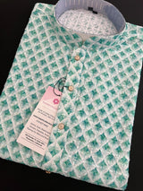 White with Green Sequin men's kurta pajama in premium georgette with green sequin & chikankari on white — Kaash Collection