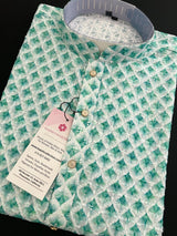 White with Green Sequin men's kurta pajama in premium georgette with green sequin & chikankari on white — Kaash Collection
