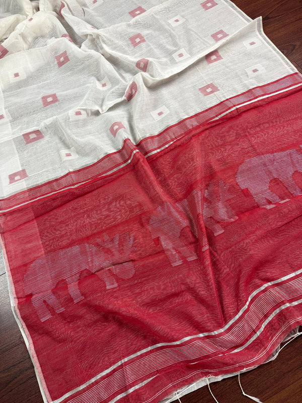White and Light Red Color Handloom Cotton Silk Saree with Thread Work | Handloom Sarees | Kaash Collection - Kaash