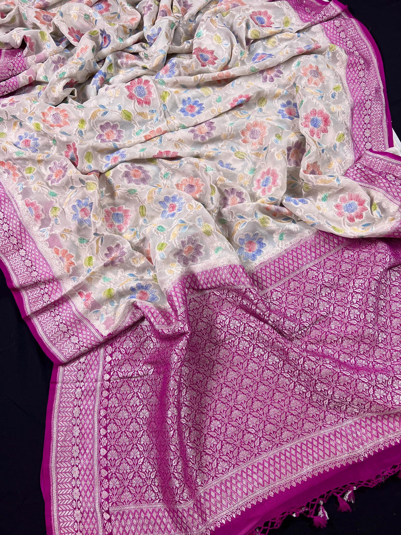 White and Magenta Pink Pure Georgette Silk Saree with Water Zari and Brush Paint | Floral Jaal Saree | SILK MARK CERTIFIED - Kaash