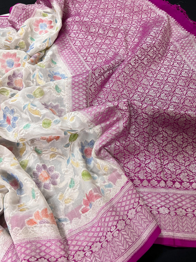 White and Magenta Pink Pure Georgette Silk Saree with Water Zari and Brush Paint | Floral Jaal Saree | SILK MARK CERTIFIED - Kaash