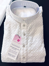 White Color Chikankari Lucknowi Georgette Men Kurta Pajama Set with Lining - Kaash