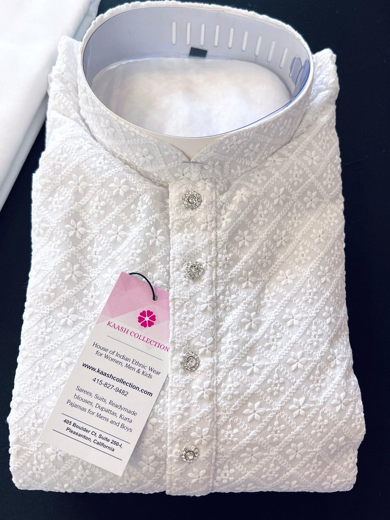 White Color Chikankari Lucknowi Georgette Men Kurta Pajama Set with Lining - Kaash