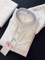 White Color Chikankari Lucknowi Georgette Men Kurta Pajama Set with Lining - Kaash
