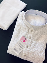 White Color Chikankari Lucknowi Georgette Men Kurta Pajama Set with Lining - Kaash
