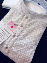 White Color Chikankari Lucknowi Georgette Men Kurta Pajama Set with Lining - Kaash