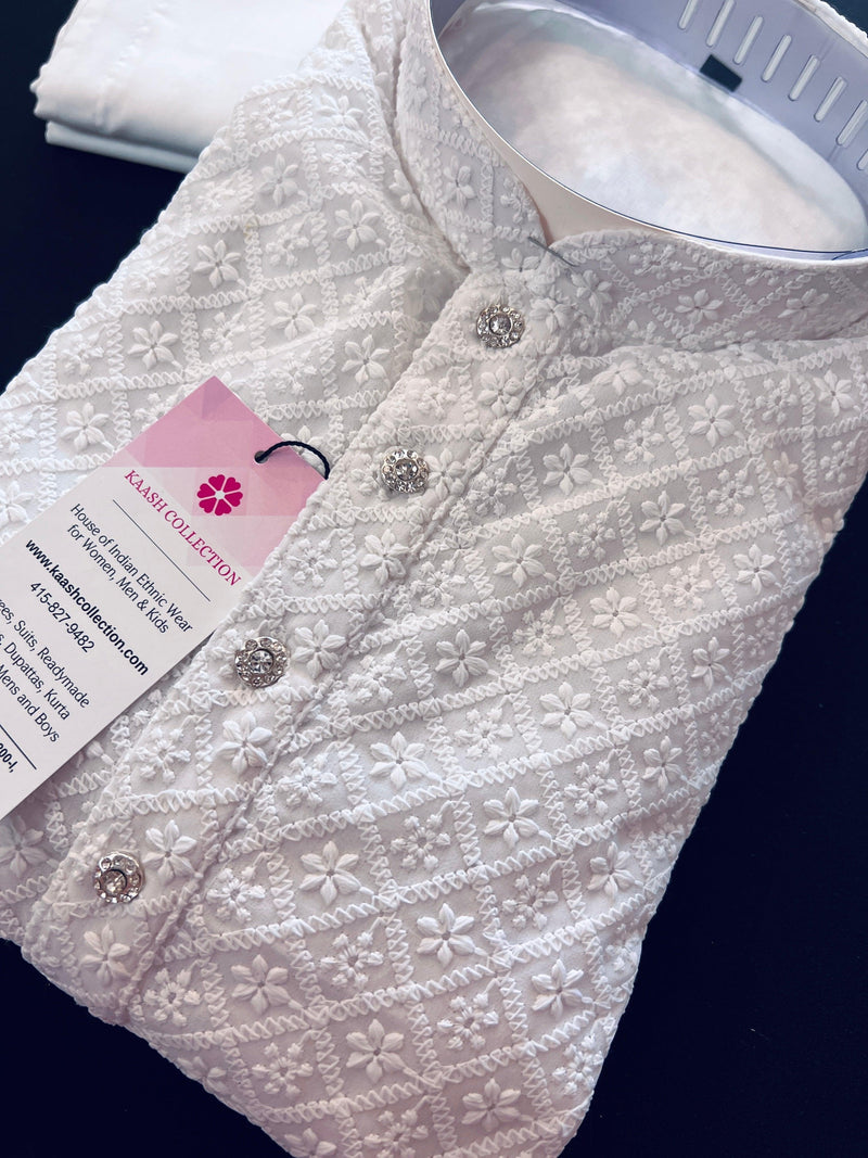 White Color Chikankari Lucknowi Georgette Men Kurta Pajama Set