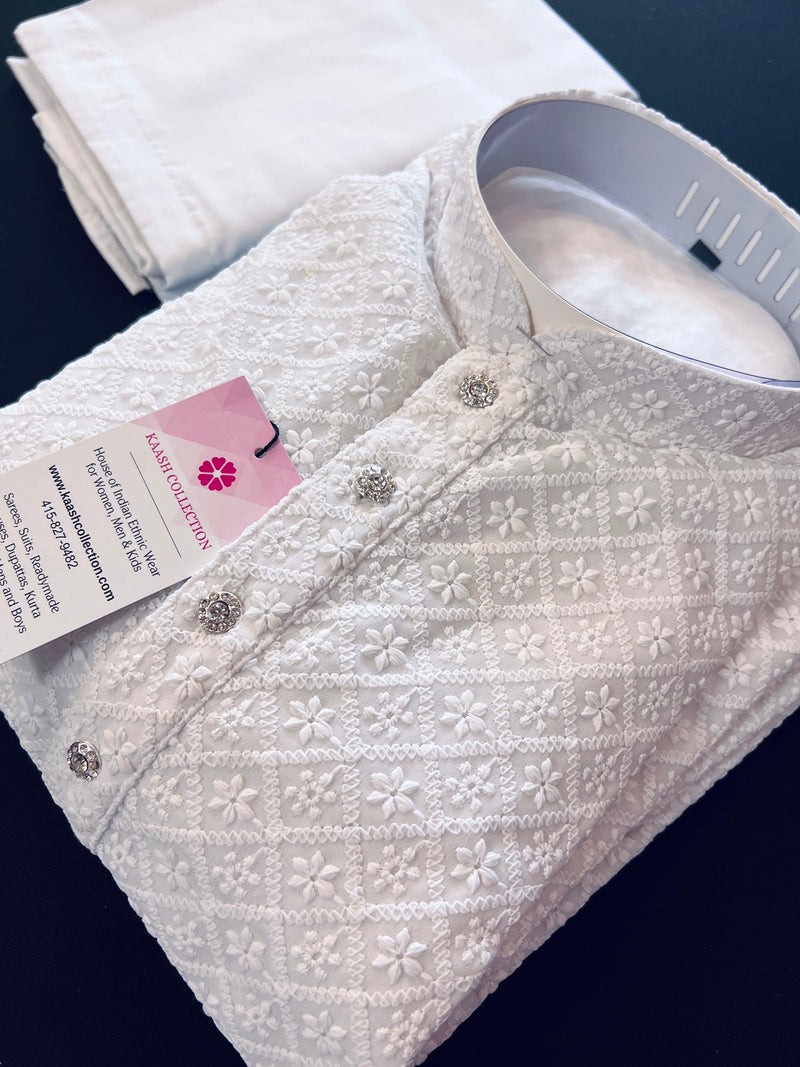 White Color Chikankari Lucknowi Georgette Men Kurta Pajama Set with Lining | Chikhankari Kurta | Mens Wear | Kurtas for Men | White Kurta - Kaash