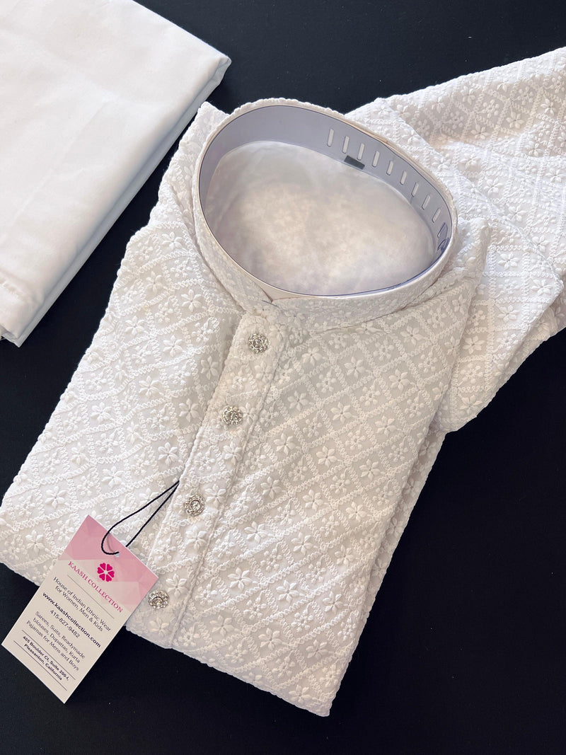 White Color Chikankari Lucknowi Georgette Men Kurta Pajama Set with Lining | Chikhankari Kurta | Mens Wear | Kurtas for Men | White Kurta - Kaash