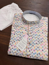 White Multi-Color men's kurta pajama in soft butter silk with floral digital prints with gold thread & sequin — Kaash Collection