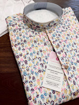 White Multi-Color men's kurta pajama in soft butter silk with floral digital prints with gold thread & sequin — Kaash Collection