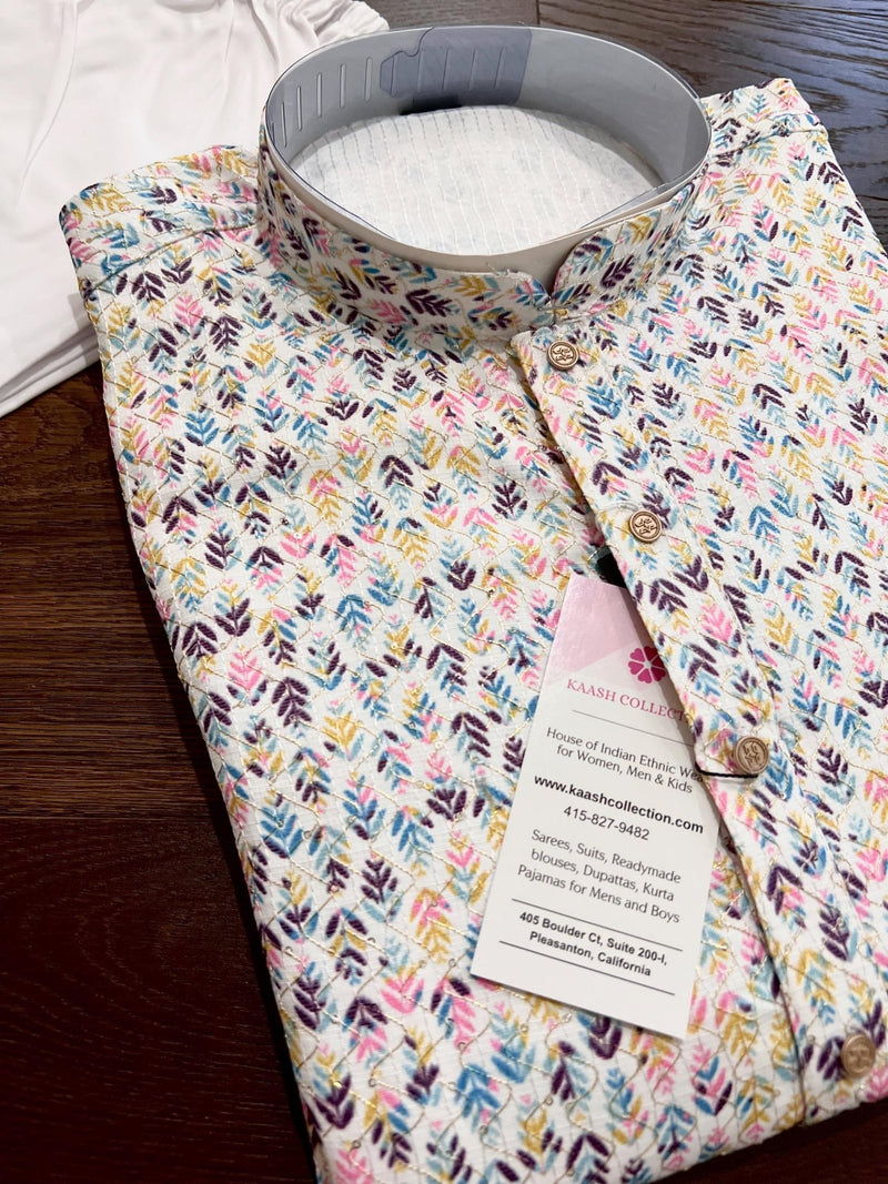 White Multi-Color men's kurta pajama in soft butter silk with floral digital prints with gold thread & sequin — Kaash Collection