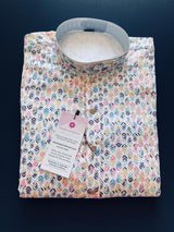 White Multi-Color men's kurta pajama in soft butter silk with floral digital prints with gold thread & sequin — Kaash Collection