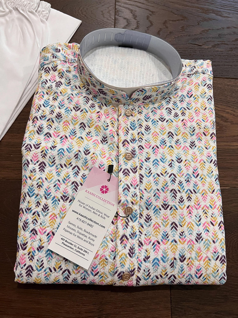White Color Designer Kurta with Floral Digital Print in Soft Butter Silk with Gold Thread and Sequence Work | Mens Ethnic Wear - Kaash