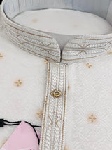 White with Small Gold Buttis men's kurta pajama in soft raw silk with self-weave with small gold buttis — Kaash Collection