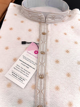 White with Small Gold Buttis men's kurta pajama in soft raw silk with self-weave with small gold buttis — Kaash Collection