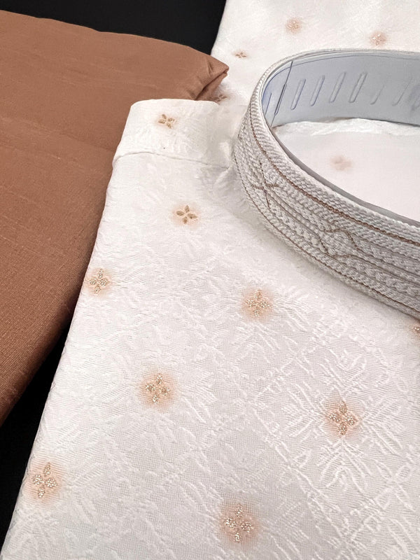 White Color in Self Weave design with small gold buttis | Kurta with Lining | White Color Kurta for Men | Soft Raw Silk Kurta for Men - Kaash
