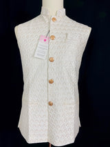 White men's Nehru/Modi jacket in cotton silk with embroidery & sequin work — Kaash Collection