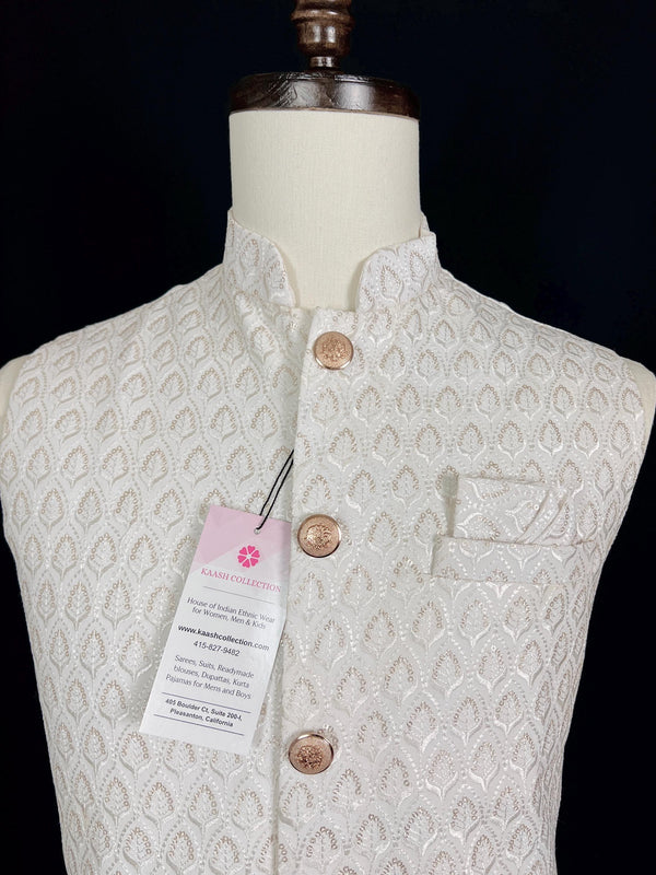 White Color Men Jacket with Sequin and Thread Work | High Quality Premium Soft Cotton Silk Men Jacket for Kurtas | Jacket for Kurtas - Kaash