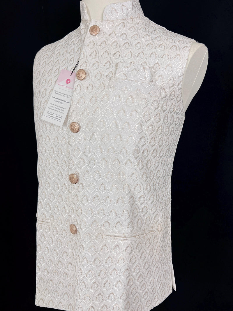 White Color Men Jacket with Sequin and Thread Work | High Quality Premium Soft Cotton Silk Men Jacket for Kurtas | Jacket for Kurtas - Kaash