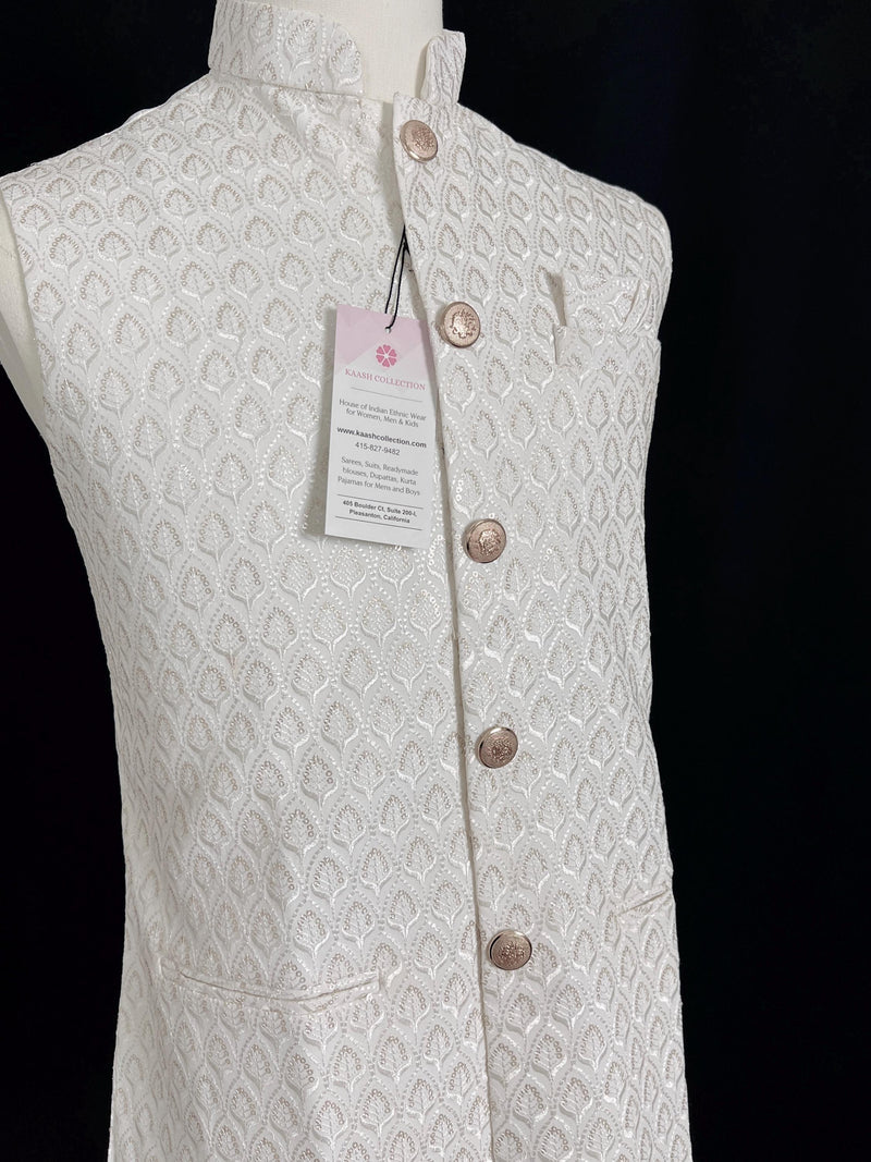 White Color Men Jacket with Sequin and Thread Work | High Quality Premium Soft Cotton Silk Men Jacket for Kurtas | Jacket for Kurtas - Kaash