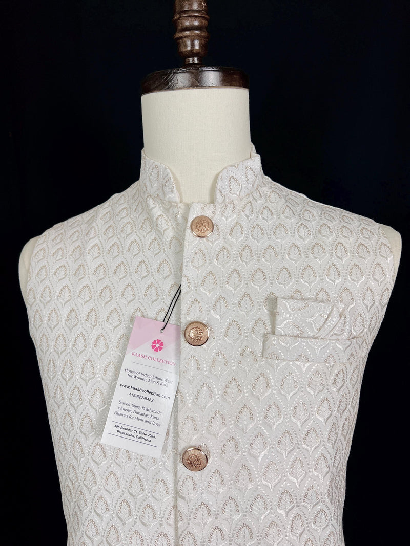 White Color Men Jacket with Sequin and Thread Work | High Quality Premium Soft Cotton Silk Men Jacket for Kurtas | Jacket for Kurtas - Kaash