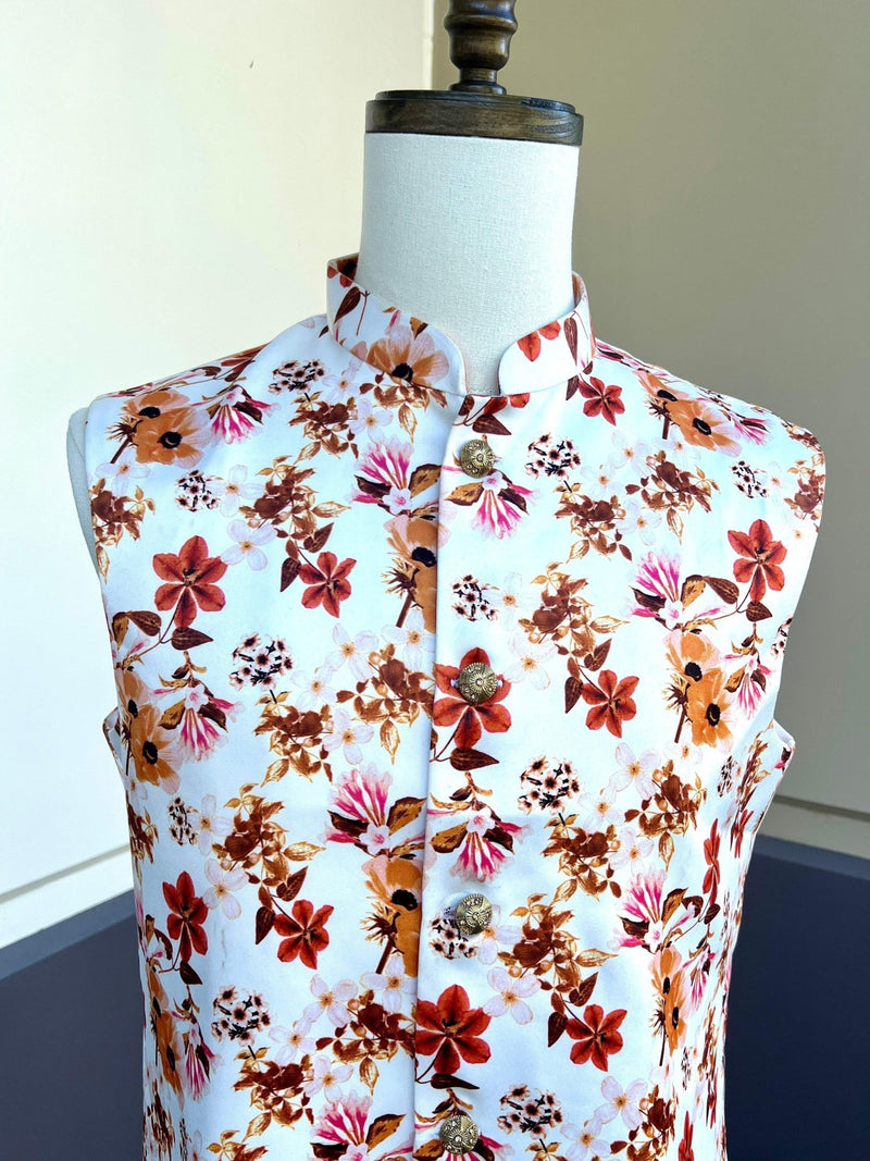 White men's Nehru/Modi jacket in soft silk with floral digital prints — Kaash Collection