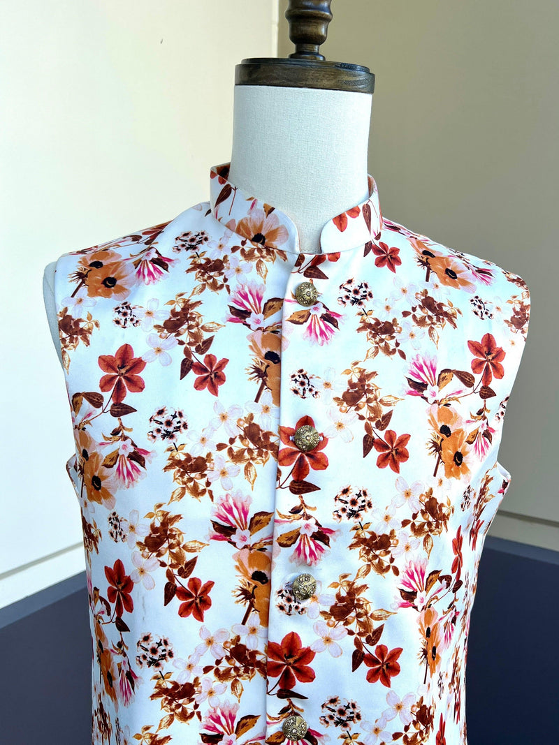 White Color Soft Silk Jacket For Kurta Pajama Floral Digital Prints | Jacket for Kurta | Gift For Him | Wedding Kurta | Modi Nehru Jacket - Kaash