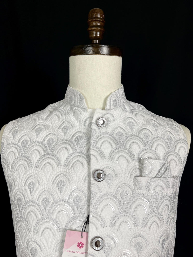 White men's Nehru/Modi jacket in cotton silk with embroidery, thread & sequin work — Kaash Collection