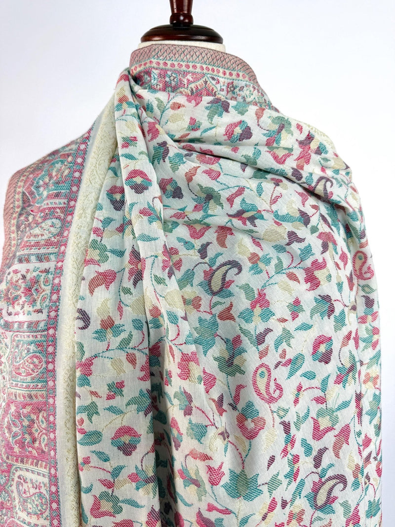 White kashmiri wool Kashmiri shawl with kani weave with muted gold zari — Kaash Collection