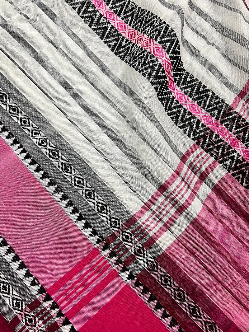 White with Pink and Black Bengal Handloom Cotton Saree - Bengal Sarees - Kaash
