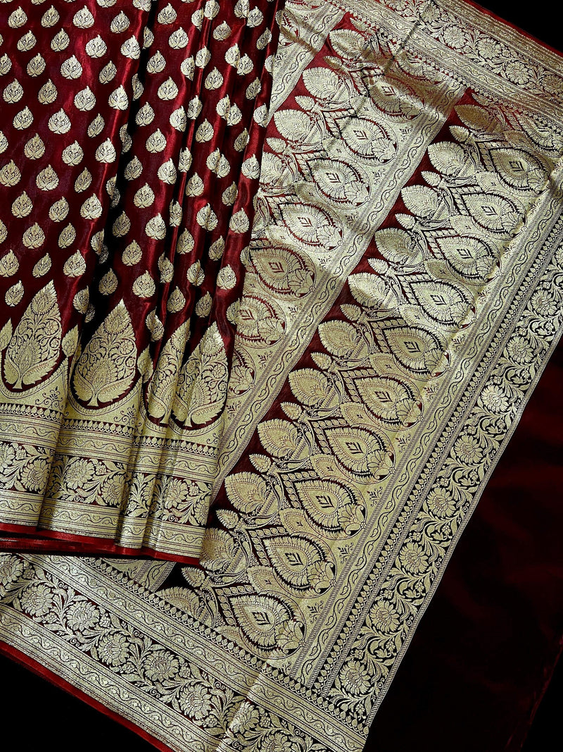 Wine Color Banarasi Satin Silk Traditional Saree with Gold Zari Jaal Weave and Grand Pallu - Kaash