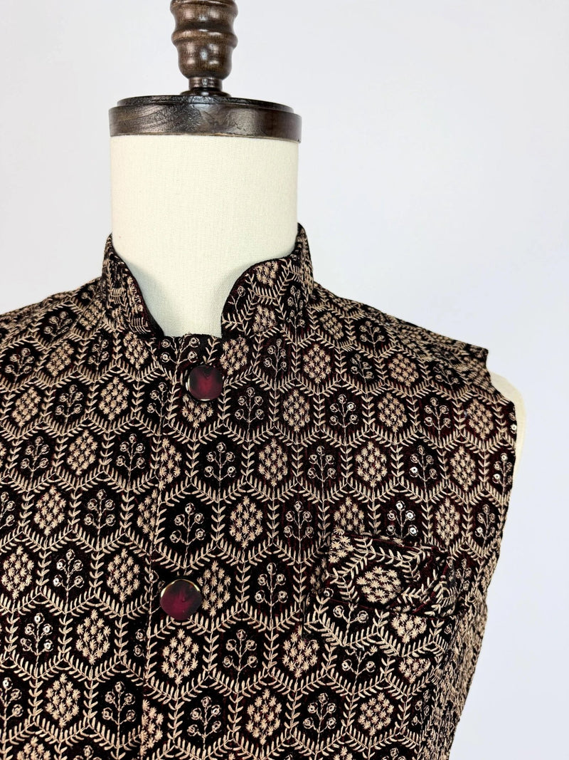 Wine men's Nehru/Modi jacket in velvet with thread embroidery & sequin on velvet — Kaash Collection