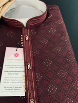 Wine men's kurta pajama in silk (non-pure) with embossed design with zari buttis (drops) — Kaash Collection