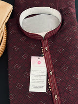Wine men's kurta pajama in silk (non-pure) with embossed design with zari buttis (drops) — Kaash Collection