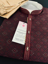 Wine men's kurta pajama in silk (non-pure) with embossed design with zari buttis (drops) — Kaash Collection