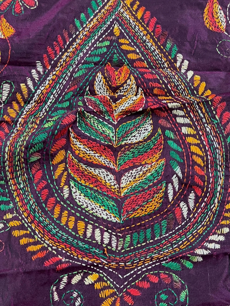 Wine hand Kantha stitch saree on Bangalori silk — Kaash Collection