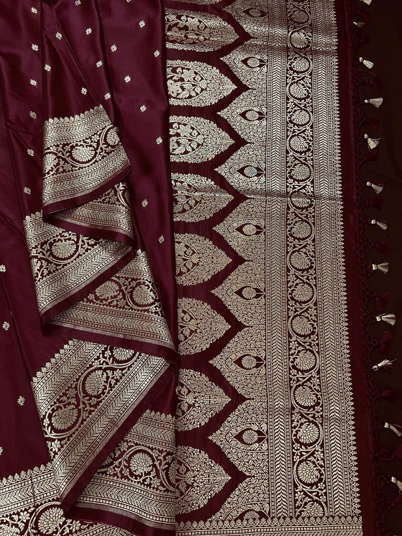 Wine Banarasi Mashru Silk saree in banarasi semi pure mashru silk with gold zari weave on mashru silk — Kaash Collection