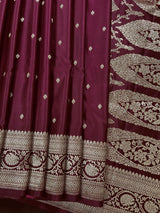 Wine Banarasi Mashru Silk saree in banarasi semi pure mashru silk with gold zari weave on mashru silk — Kaash Collection
